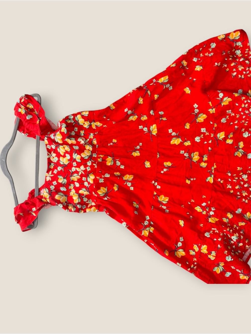 NWT Cottagecore Ruffle Sleeve Tie Back LC Red Lemon Floral Women’s Tier Sundress